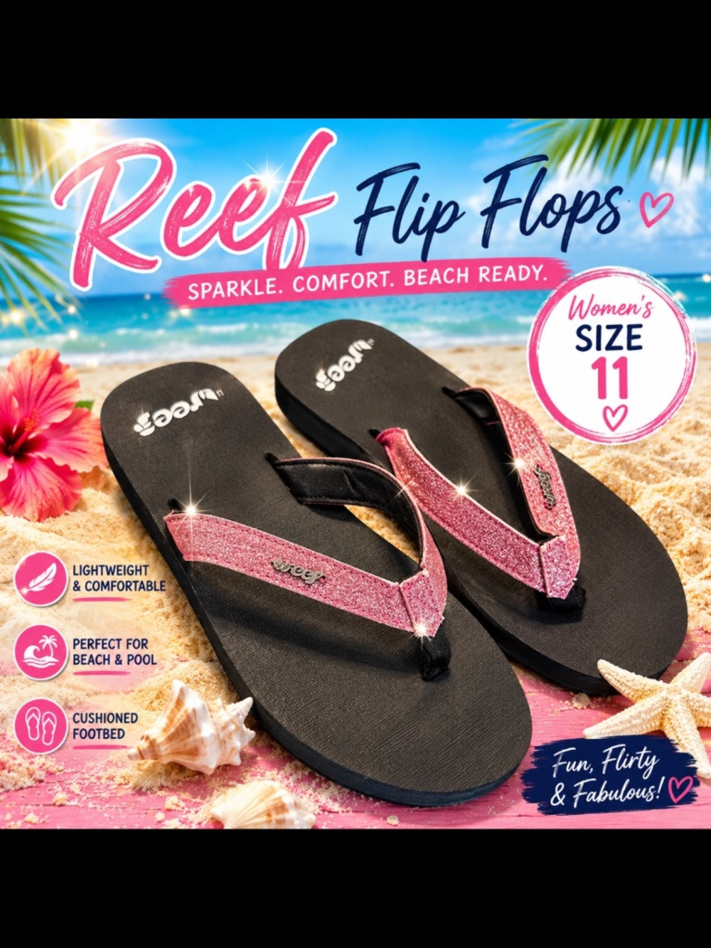 Reef Pink Glitter Flip Flops Women’s Size 11 Beach Vacation Sandals